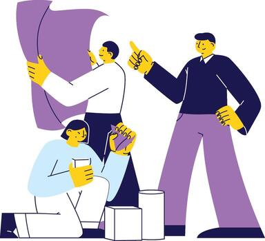 Creative flat team working with blueprints and project documents for planning and strategy. vector