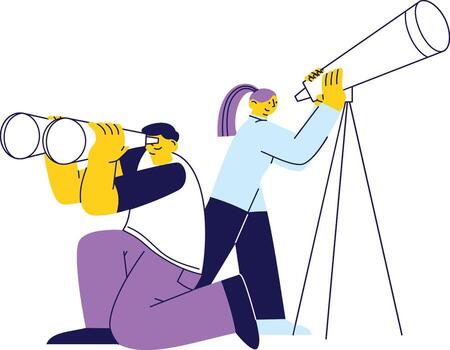 Characters using telescope tools to explore, discover, and focus on new opportunities. vector