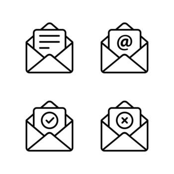 Email envelope icon collection. Document insert, mail symbol, verified, and failed message vector