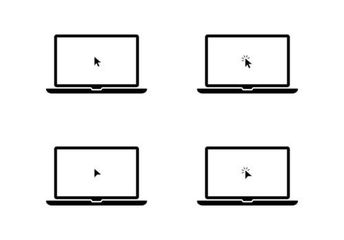 Laptop with mouse cursor icon. Computer screen showing pointer and click action vector