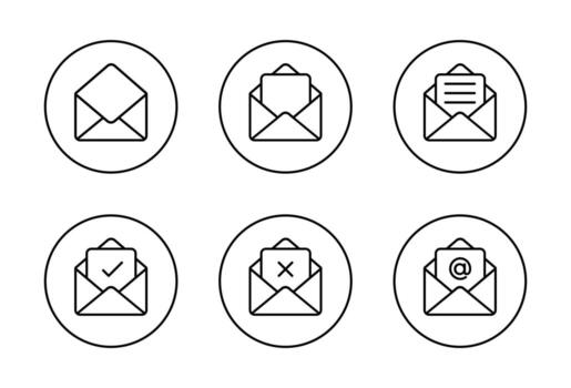 Open email envelope outline icon in circular line. Message symbol with check, cross, text, and mention sign vector
