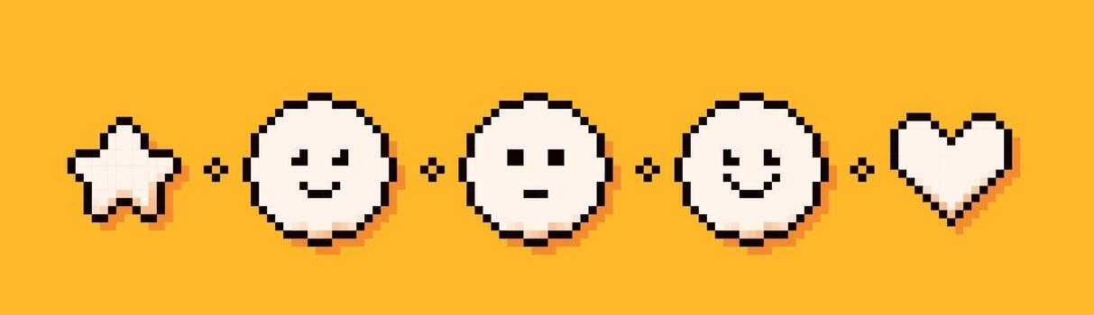 Pack with 8 bit Y2K pixel color elements. Emoji, heart and a star. vector