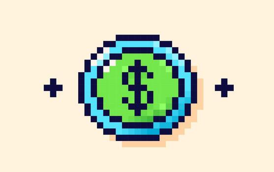 Y2K user interface coin. Blue and green pixel art element. vector
