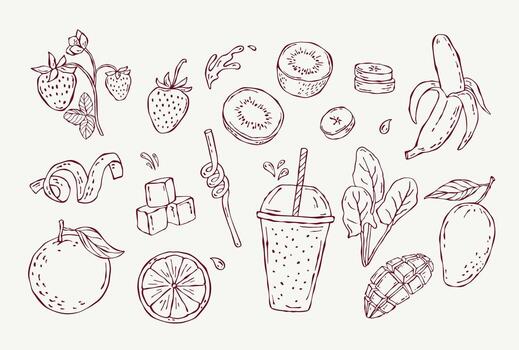 Set of illustrations hand drawn smoothie theme in outline doodle style. Includes banana, strawberry, kiwi, orange, mango, smoothie glass with straw, spinach, ice cubes and juice drops vector