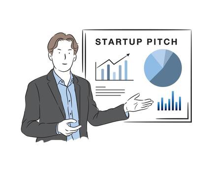 Startup Pitch Presentation A dynamic young entrepreneur confidently presents his innovative startup pitch, gesturing towards an engaging slide display, showcasing his ideas and vision for success. vector