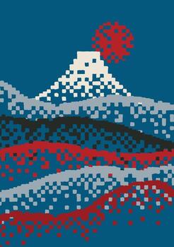 Pixel art and Japanese inspired abstract waves and Fuji mountain pattern, Cute hand drawn design with digital charm, perfect for textiles, prints and carpet vector