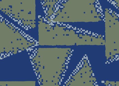 sin costura resumen modelo inspirado por japonés textiles y píxel Arte. mano dibujado bloquear formas en índigo, gris, y ligero azul evocar tejido texturas y digital estética. vector