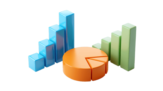 dados visualização elementos definir, brilhando azul Barra gráfico, laranja torta gráfico, e verde para cima tendência gráfico flutuando em transparente fundo. png