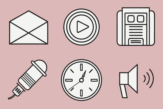 colección de seis sencillo línea Arte íconos representando comunicación y medios de comunicación conceptos vector