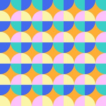 Repeating arrangement of circles each divided into four quadrants with different colors. vector