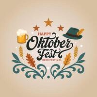 Oktoberfest tipografía logo con cerveza, trigo, hojas, y sombrero. alemán cerveza festival encabezamiento diseño Perfecto para letrero, póster, bandera, saludo tarjeta. vector