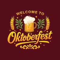 Oktoberfest alemán festival tipografía logo presentando cerveza y hojas. tradicional cerveza festival encabezamiento diseño adecuado para carteles, pancartas, letreros, saludo tarjetas en rojo. vector