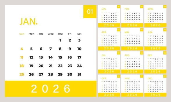 Minimalist style monthly calendar template for 2026 year. English calendar. Week starts on Sunday. Set of 12 months. Simple design with large inscription 2026, typographic. Square composition vector