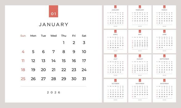 Minimalist style monthly calendar template for 2026 year. English calendar. Week starts on Sunday. Set of 12 months. Simple elegant design. Square composition vector