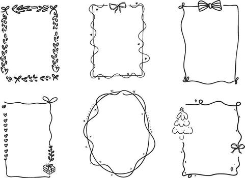 Elegant set of decorative frames in different shapes including rectangle, oval, and curly outlines with bows and leaf details. Great for wedding invitations, decorative design, and stationery vector