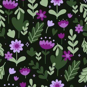Seamless pattern with purple flowers on a dark background. graphics. vector