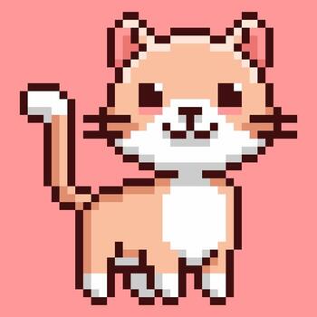 Adorable kawaii cat character designed in a charming retro pixel art style. Featuring big eyes, a friendly smile and a ginger-and-white coat, making it a perfect mascot or character sprite vector