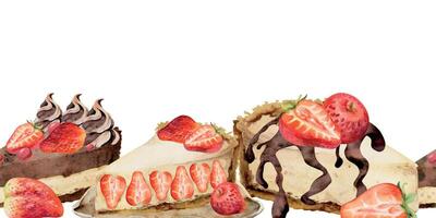 acuarela tarta de queso con Fresco fresa guarnación, chocolate trufa llovizna, ganache Adición en en capas soufflé pastel. mano pintado para repitiendo encabezamiento, comida Blog diseños, culinario sitio web pancartas vector