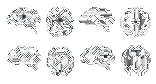 Circuit board brain. Technical thinking concept with microchip brain, brain with electronic circuitry. cyberpunk human brain isolated on white background vector