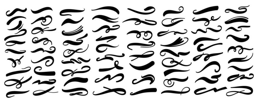 Swoosh underlines. Decorative accent curved lines, wave and swirl brush strokes, elegant calligraphic scrolls and swashes, doodle elements. set vector