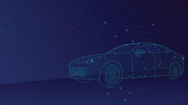 Modern abstract background showing a futuristic electric car made of glowing polygon lines and dots, symbolizing innovation, clean energy, and advanced smart technology design vector
