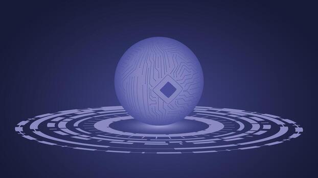 Modern digital background featuring a glowing sphere with circuit patterns and abstract tech rings, ideal for futuristic, AI, and innovation themed projects vector