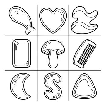 Nine Delightful Hand-Drawn Line Art Images Fish, Heart, Wave, Rectangle, Mushroom, Comb, Crescent Moon, Letter S, and Triangle in a Playful Mood vector