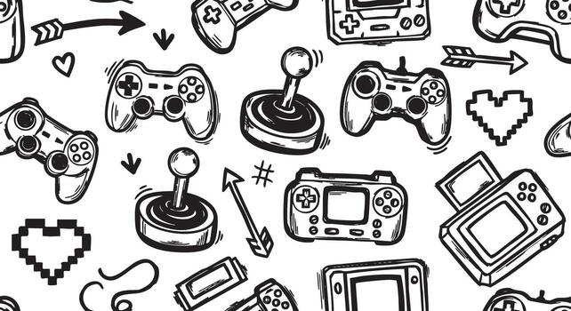 retro juego controlador y Mano dispositivo garabatear modelo vector