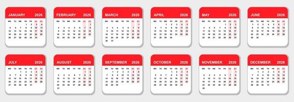 horizontal 2026 calendario modelo con rojo encabezamiento diseño vector