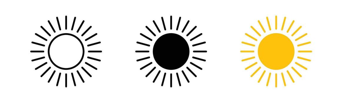 Sun icon in outline, solid, and color filled styles. Bright sunshine design in flat style, isolated on white background. vector