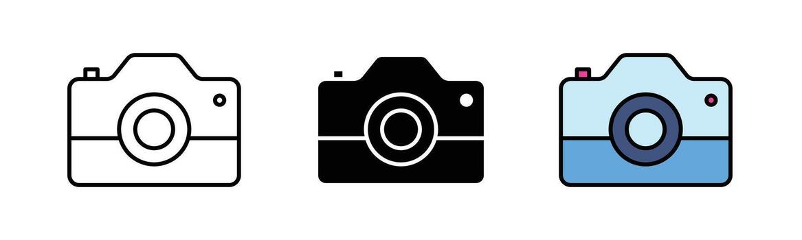 Camera icon in outline, solid, and color filled styles with black stroke. Digital photo camera design in flat style, isolated on white background. vector