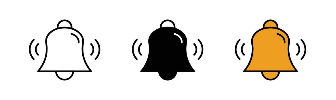 Bell icon in outline, solid, and color filled styles with black stroke. Classic ringing bell design in flat style, isolated on white background. vector