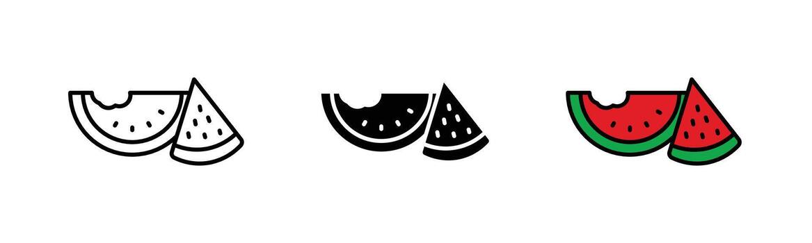 Watermelon icon in outline, solid, and color filled styles with black stroke. Fresh fruit slice design in flat style, isolated on white background. vector