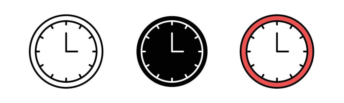 Clock icon in outline, solid, and color filled styles with black stroke. Round wall clock design in flat style, isolated on white background. vector