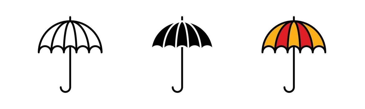Umbrella icon in solid, outline, and color filled styles with black stroke. Open umbrella design vector