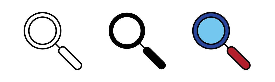 Magnifying glass symbol, search icon in outline, solid, and color filled styles with black stroke. Classic search tool design in flat style, isolated on white background. vector