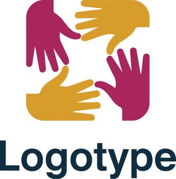 resumen logo con cuatro manos en cuadrado forma con oro y borgoña colores en blanco imagen vector