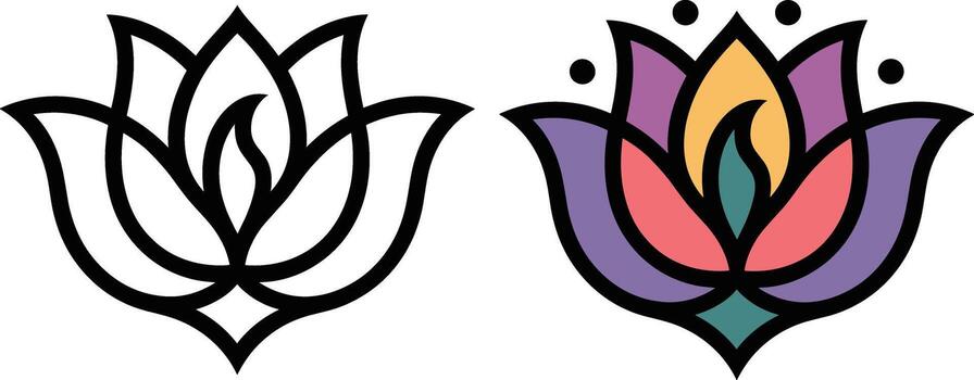 Lotus Flower Graphic with Black Outline and Color Version on White Background image vector