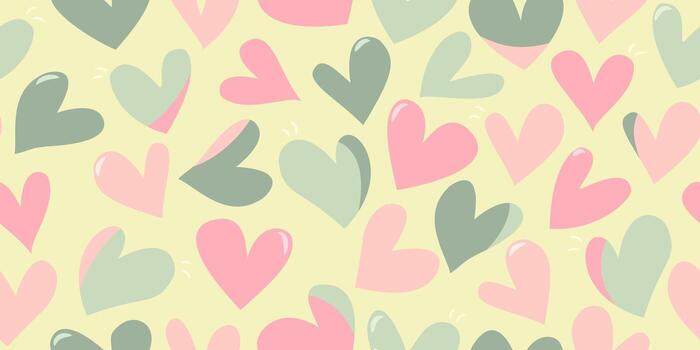 Seamless heart pattern in pink, green, and pastel colors on a soft yellow background, perfect for romantic and cute design themes. vector