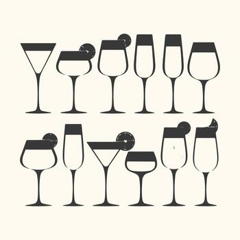 Art of collection of various cocktail glasses with garnishes, isolated on a cream background, showcasing different shapes and styles for drinks vector