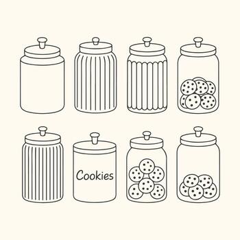 Art of collection of eight different cookie jars, some filled with cookies, isolated on a vector
