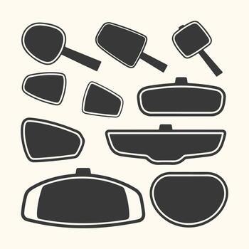 Art of collection of various car side view and interior rearview mirrors, isolated on a light background, representing automotive components and design elements vector