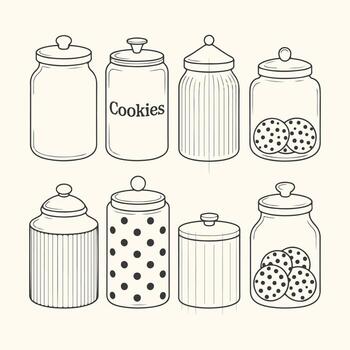 Art of collection of eight handdrawn cookie jars in various styles, isolated on a, showcasing different patterns and contents vector
