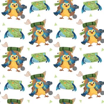 A pattern with a yellow and blue bird and a map. Traveling bird vector
