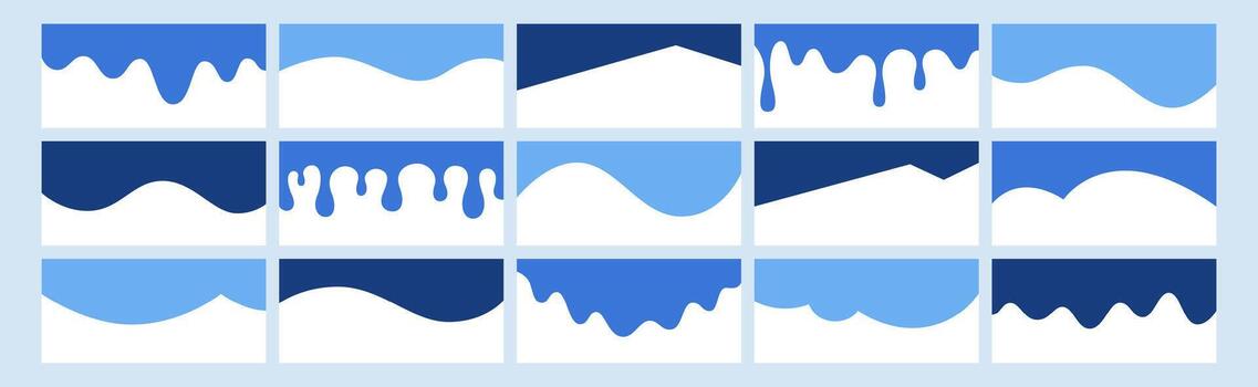 set of separator header, section divider shapes for website, app or web page. Modern bottom or top border, headline design elements, blue footers with curve lines, drops on white background vector