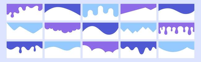 azul separador encabezamiento colocar. sección divisor formas para sitio web o web página. moderno fondo o parte superior borde, ola titular diseño elementos. pies de página con curva líneas, gotas, gotea en blanco antecedentes vector