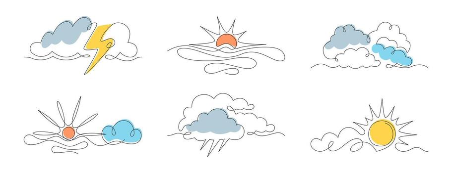 doodle art continuous one line sun, clouds, thundercloud and lightning, rain. Linear summer symbols silhouette. Single thin outline weather icons or nature elements isolated on white background vector