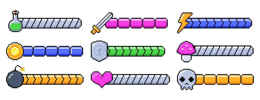 set of 8bit pixel game life icons. Retro games element, arcade ui design energy levels with heart, bomb, skull, sword, mana potion bottle, controller items. Pixelated loading progress bar vector