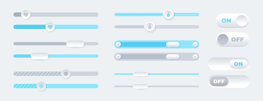 set of scroll bars, button icons, sliders. Web design elements for website or internet page. Scrollbar, menu graphic ui interface scrolls control, brightness controllers or volume slider icons vector