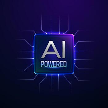 AI Powered processor emblem on a futuristic microchip vector